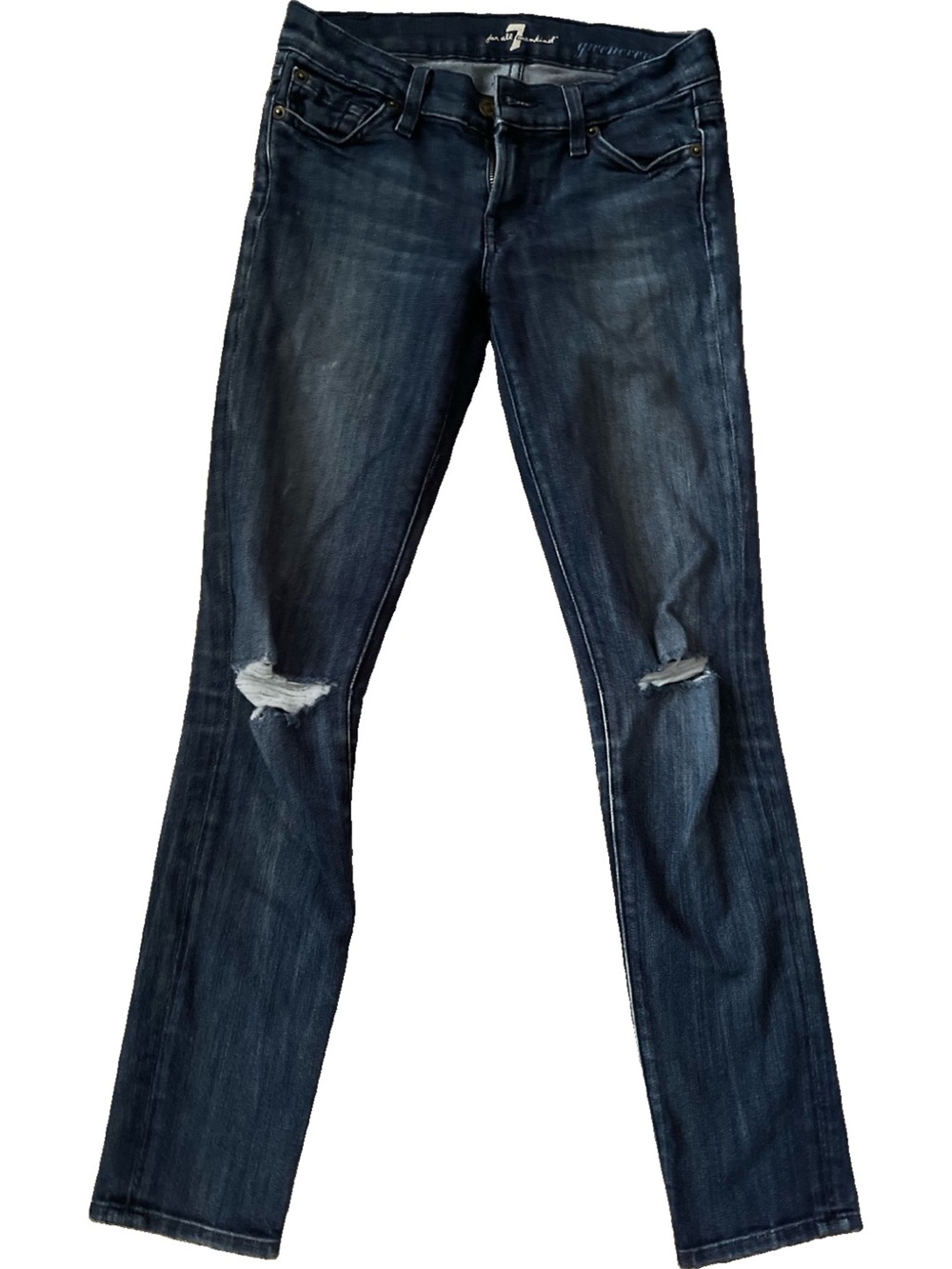 7 For All Mankind Dark Blue Denim Gwenevere Skinny Jeans size 24 Distressed